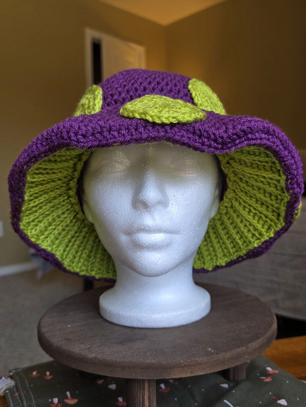 Purple And Green Crochet Mushroom Cap Hat